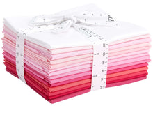 Cargar imagen en el visor de la galería, Fat Quarter Bundle in pink and magenta hues, 100% cotton, 14 pieces tied with ribbon, perfect for quilting and crafting.