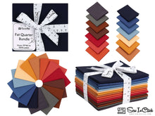 Cargar imagen en el visor de la galería, Fat Quarter Bundle of 100% cotton jewel-toned fabrics for quilting, includes 14 pieces tied with measuring tape ribbon.