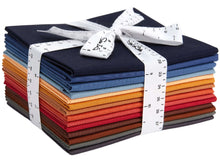 Cargar imagen en el visor de la galería, Fat Quarter Bundle in Jewel Tones with 14 assorted 100% cotton fabrics, tied with ribbon, perfect for quilting and crafting projects.
