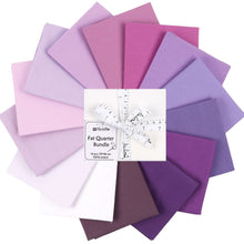 Cargar imagen en el visor de la galería, Fat Quarter Bundle: 14 shades of purple and magenta, 100% cotton, 53x46 cm each, perfect for quilting and crafting.