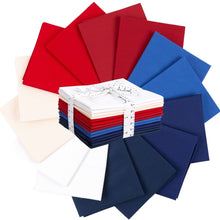 Load image into Gallery viewer, Fat Quarter Bundle in patriotic USA flag colors, 100% cotton, red, blue, white, quilting fabric, 14 pieces, 20.8x18.1 inches each