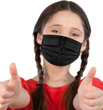 Cargar imagen en el visor de la galería, A child wearing a black disposable 3-ply filter face mask, giving a thumbs up.
