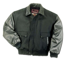 Charger l'image dans la galerie, REED men's leather varsity bomber wool leather jacket, made in USA, mid-weight design, top-grain leather sleeves, classic style.