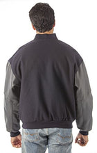 Load image into Gallery viewer, Back view of REED Varsity Leather/Wool Jacket, black with leather sleeves, made in USA, showing relaxed fit and quality craftsmanship.