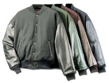 Load image into Gallery viewer, REED Varsity Leather/Wool Jacket - Made in USA, features leather sleeves and quilted lining, showcasing multi-color selection.