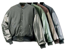 Load image into Gallery viewer, REED varsity jacket in leather/wool with quilted lining, shown in multiple colors. Made in USA, relaxed fit, union made.