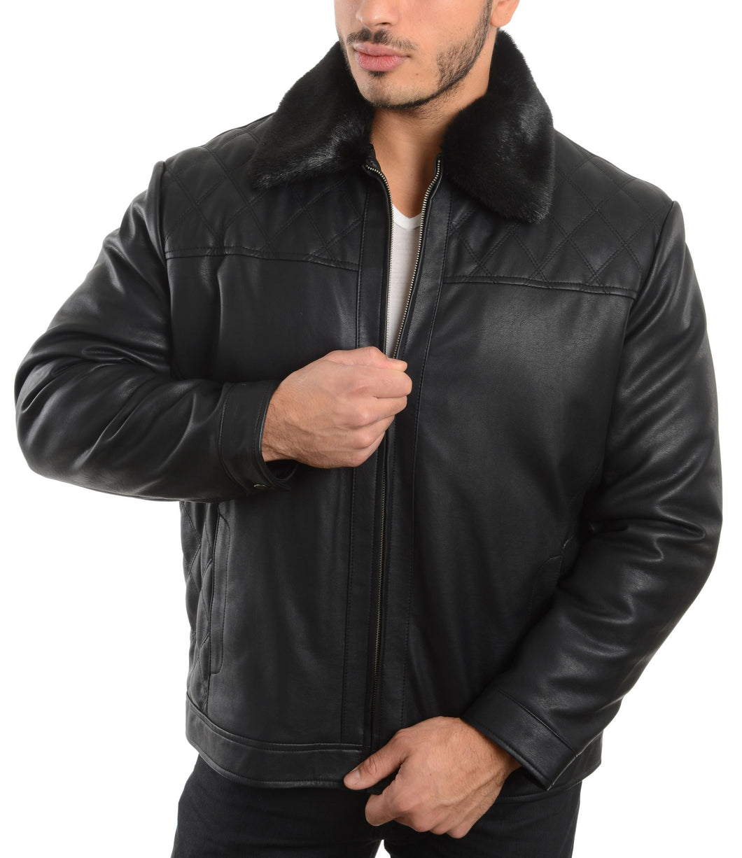 REED Men's Smooth Lamb Touch Faux Leather Detachable Fur Collar Classic Jacket - Imported