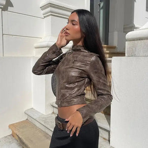 Vintage Zip-Up Faux Leather Jacket - Vegan leather - Imported