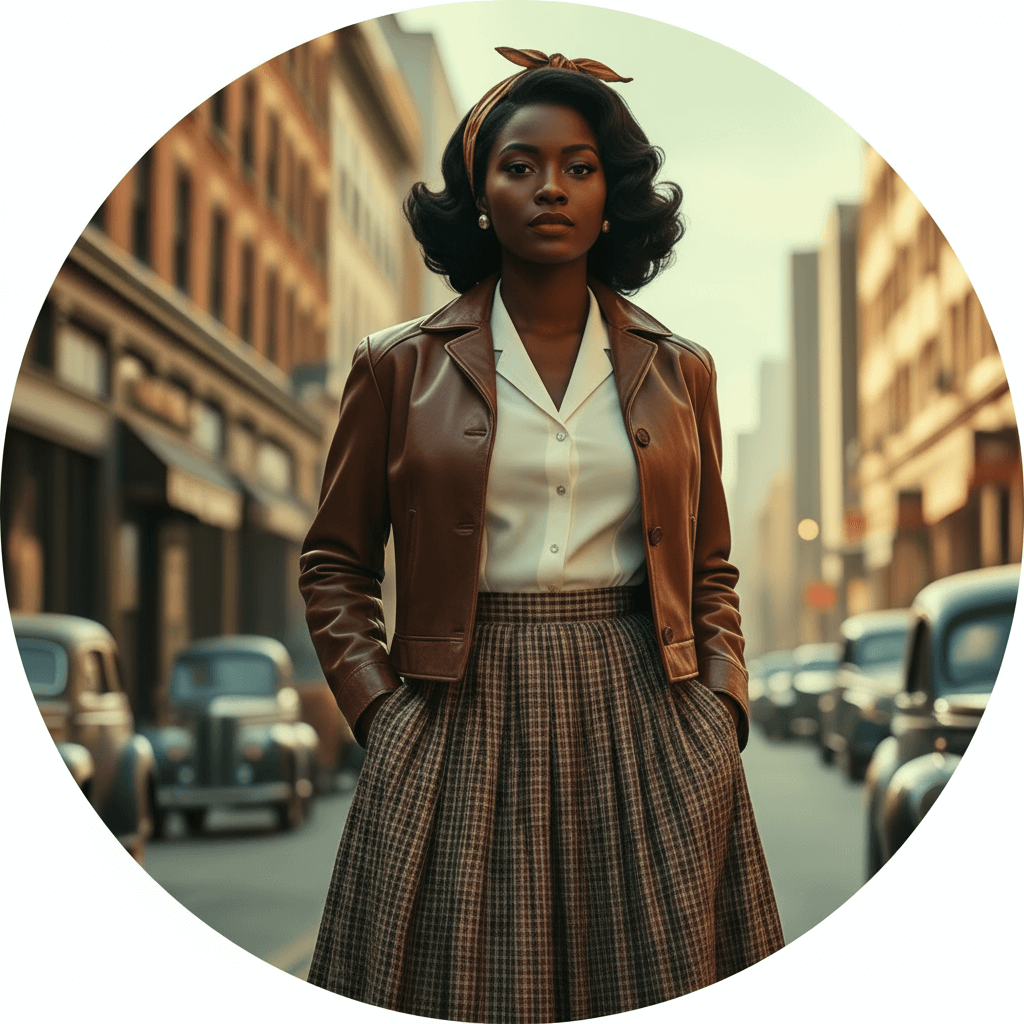 Woman in a vintage outfit with 'Reed' branding on a city street background