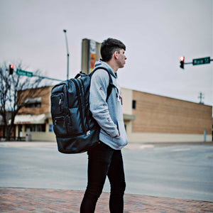 Black Leather Luxury Carry On Backpack (Patented Signature Design)