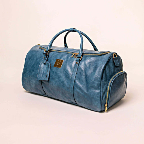 Blue Tumbled Luciano Leather Duffle Bag with separate shoe compartments, perfect for travel; new weekender design.