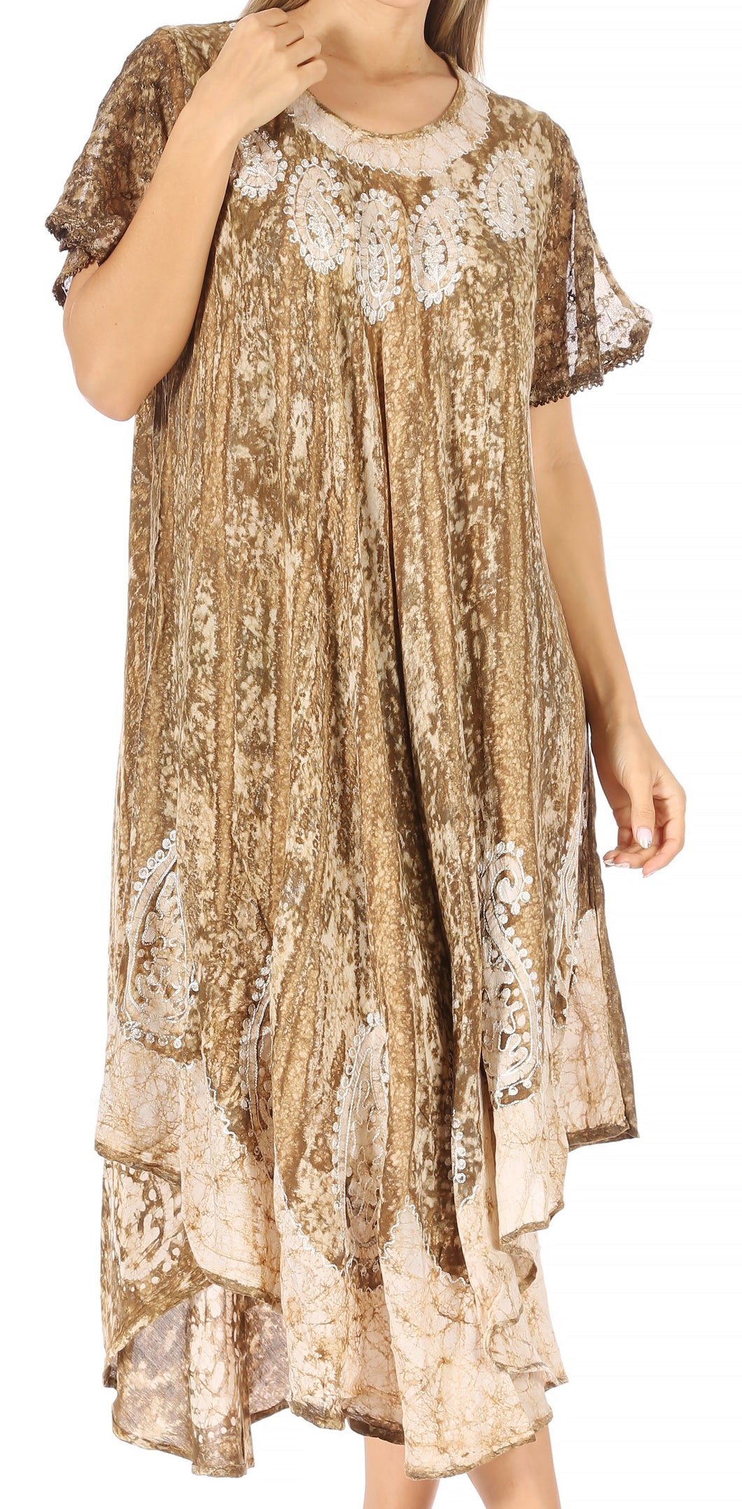 Bree Long Embroidered Cap Sleeve Marbled Dress