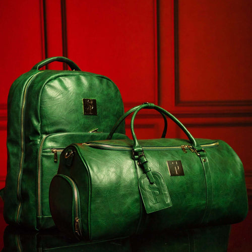 Emerald Green 2 Bag Set featuring Commuter Backpack and Duffle Bag perfect for travel; holds multiple shoes, clothes, and laptop.