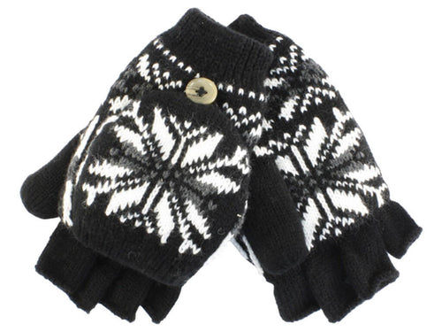 Black and white insulated knit fingerless mitten gloves with snowflake pattern, featuring soft knit and optional mitten cover.