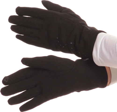 Black leather embroidered warm snow gloves with touch screen fingers, shown in S/M and L/XL sizes for comfortable fit.