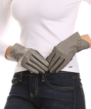 Load image into Gallery viewer, Pamb Faux Leather Heather Knit Button Front Warm Winter Touch Screen Gloves
