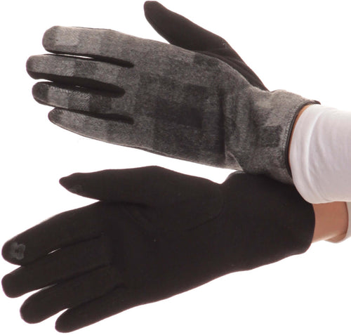 Kade Pixel Ombre touchscreen winter gloves in grey and black pattern, showing both sides, suitable for S/M and L/XL sizes.