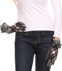 Valy Classic Winter Checker Patterned Faux Fur Pom Pom Touch Screen Gloves