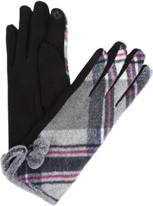 Valy Classic Winter Checker Patterned Faux Fur Pom Pom Touch Screen Gloves