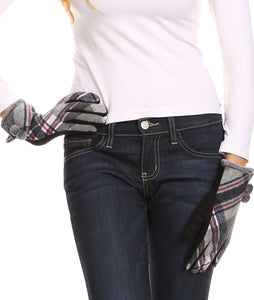 Valy Classic Winter Checker Patterned Faux Fur Pom Pom Touch Screen Gloves