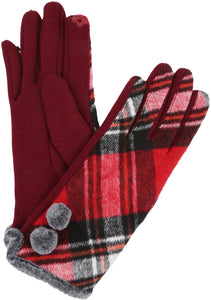 Valy Classic Winter Checker Patterned Faux Fur Pom Pom Touch Screen Gloves