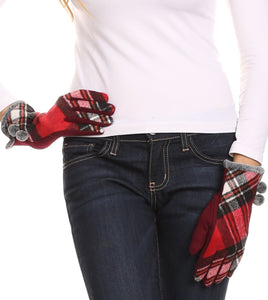 Valy Classic Winter Checker Patterned Faux Fur Pom Pom Touch Screen Gloves