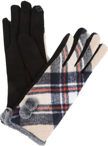 Valy Classic Winter Checker Patterned Faux Fur Pom Pom Touch Screen Gloves