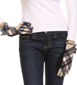 Valy Classic Winter Checker Patterned Faux Fur Pom Pom Touch Screen Gloves