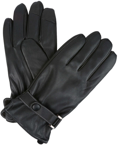 Black adjustable snap faux leather gloves, touch screen compatible; perfect for driving, featuring sizing options S/M and L/XL.