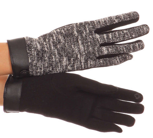 Heather knit touchscreen winter gloves with wrist snaps in black and gray, comfortable cotton polyester blend for winter wear.