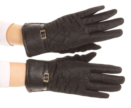 Emie Quilted and Lace Driving Gloves with Touch Screen Capability, Soft Black Fur Lined, Honeycomb Quilt, Accent Buckle