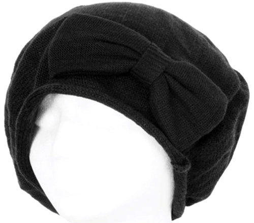 Black bow accented knit slouch beret, Sakkas fashion, cozy winter accessory, 100% acrylic, 19
