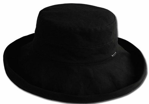 Black Everyday Essentials Cotton Summer Hat with wide brim, women's one size, linen blend, matching drawstring, elegant design by Sakkas.