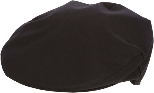 Black Durham flat cap with pinstripe fabric, featuring a snap bill and full lining for a modern vintage style, wool-polyester mix.