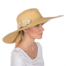 Charger l&#39;image dans la galerie, Bella UPF 50+ 100% Paper Straw Flower Accent Wide Brim Floppy Hat
