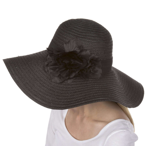 Daisy UPF 50+ wide brim floppy hat with flower accent, 100% paper straw, perfect summer accessory providing sun protection.