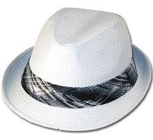 Charger l&#39;image dans la galerie, Mens Structured 100% Paper Straw Matching Plaid Band Fedora Hat

