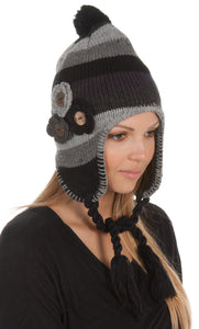 Crochet Flower Multi-Color Stripe Fully Lined Earflap Hat
