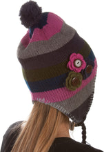 Charger l&#39;image dans la galerie, Crochet Flower Multi-Color Stripe Fully Lined Earflap Hat
