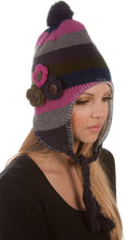 Charger l&#39;image dans la galerie, Crochet Flower Multi-Color Stripe Fully Lined Earflap Hat

