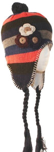 Crochet Flower Multi-Color Stripe Fully Lined Earflap Hat