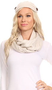 Bri Classic Button Cable Knit Beanie Hat And Matching Infinity Scarf Set