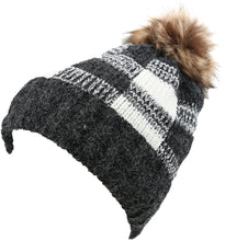 Charger l&#39;image dans la galerie, Baya Long Tall Checker Pattern Fold Over Faux Fur Pom Pom Unisex Beanie Hat
