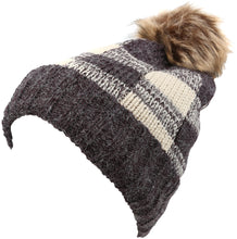 Charger l&#39;image dans la galerie, Baya Long Tall Checker Pattern Fold Over Faux Fur Pom Pom Unisex Beanie Hat
