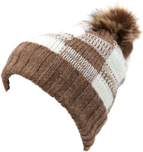 Charger l&#39;image dans la galerie, Baya Long Tall Checker Pattern Fold Over Faux Fur Pom Pom Unisex Beanie Hat

