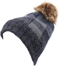 Charger l&#39;image dans la galerie, Baya Long Tall Checker Pattern Fold Over Faux Fur Pom Pom Unisex Beanie Hat

