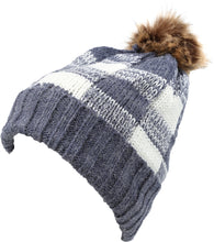 Charger l&#39;image dans la galerie, Baya Long Tall Checker Pattern Fold Over Faux Fur Pom Pom Unisex Beanie Hat
