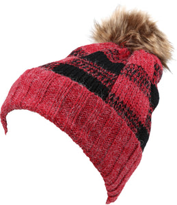 Baya Long Tall Checker Pattern Fold Over Faux Fur Pom Pom Unisex Beanie Hat
