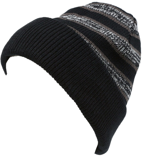 Cabbey striped multi-colored ribbed knit unisex beanie hat, features black, grey, and brown stripes, one size fits all, versatile style.