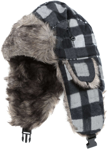 Caele unisex winter trooper hat with faux fur lining and chin buckle strap, featuring a checkered pattern design.